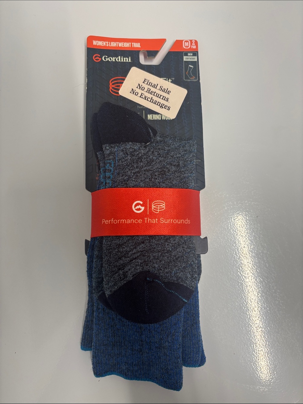 Gordini Women’s 2 pair pack lightweight trail crew sock blue and grey medium NWT